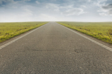 Road through fields under a cloudy sky leading to infinity