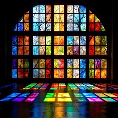 Colorful stained glass windows illuminate the ancient church interior with religious art and architecture