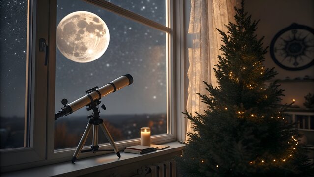 Festive indoor scene with Christmas tree, candle, and telescope by window overlooking moonlit starry sky.