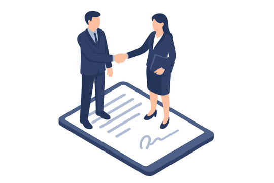 Isometric business professionals concluding a partnership agreement with a digital signature