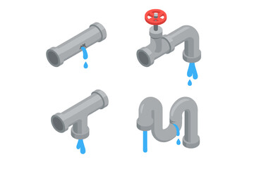 Isometric plumbing pipe leak and valve set with dripping water icons