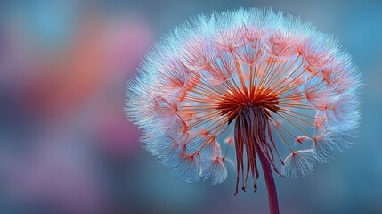 Close-up of a pink dandelion seed head against a blurred background with soft lighting