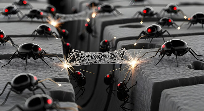 Microscopic robotic insects swarm across a textured surface with glowing energy sparks
