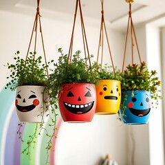 Four hanging halloween planters with funny faces