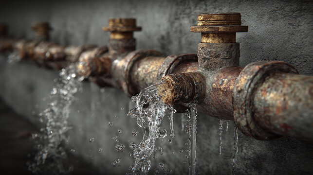 Corroded water pipe leaking profusely, representing issues
