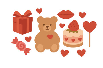 Charming Valentine's Day icons featuring teddy bear, gift box, and various sweets