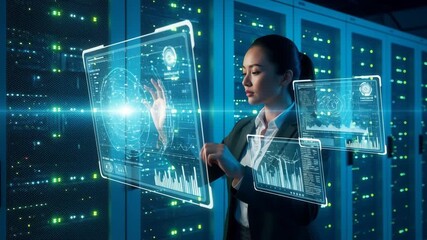 Asian woman using a digital tablet in a server room for data analysis - Powered by Adobe