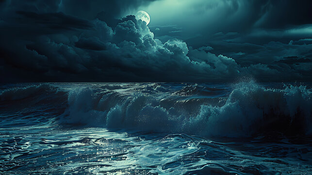 Full moon illuminates stormy ocean waves crashing under dark clouds water