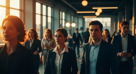 Diverse group of professionals walking down a bright, modern office hallway during sunset