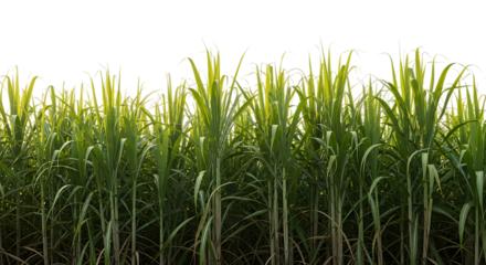 Tall green sugarcane stalks with long leaves illuminated by sunlight, isolated on a transparent background, cutout, PNG