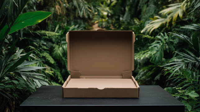 Open cardboard box on a black table with a lush green background