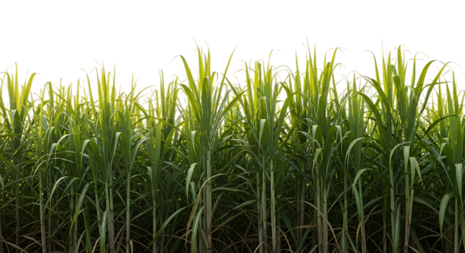 Tall green sugarcane stalks with long leaves illuminated by sunlight, isolated on a transparent background, cutout, PNG