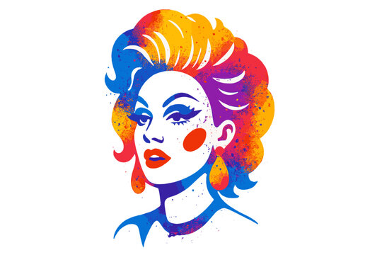 Stylized portrait of glamorous drag queen with vibrant watercolor texture
