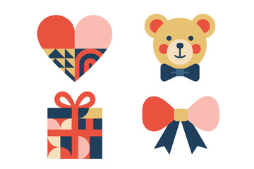 Fototapeta premium Set of geometric abstract icons including heart teddy bear gift box and decorative bow