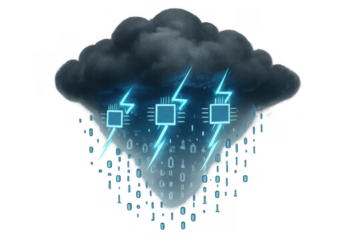 Cloud computing storing and processing big data with cpu chips and lightning bolts, transparent background