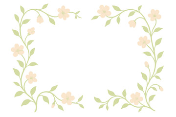 Fototapeta premium Delicate peach blossom vine corner frame with green leaves