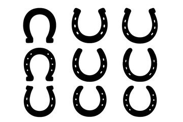 Fototapeta premium Collection of various black horseshoe silhouettes for luck and equestrian themes