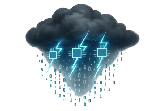 Cloud computing storing and processing big data with cpu chips and lightning bolts, transparent background