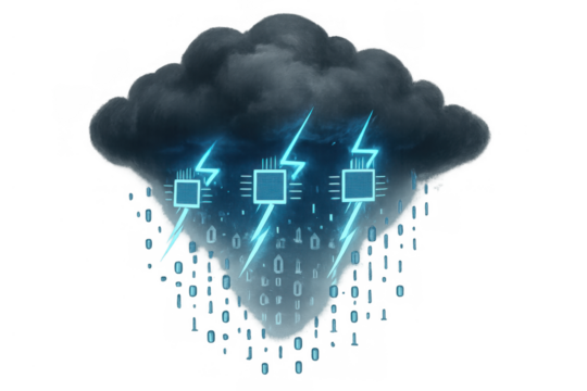 Cloud computing storing and processing big data with cpu chips and lightning bolts, transparent background