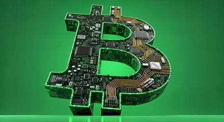 Digital Cryptocurrency Symbol with Microchip Technology on Green Background