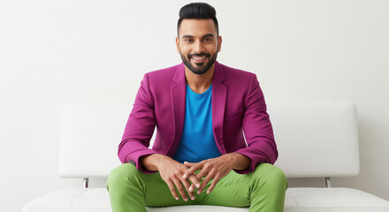 A stylish Indian man sits confidently on a white sofa wearing a vibrant magenta blazer, blue shirt, and green pants.