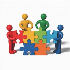 Four stylized 3d figures assembling a colorful puzzle together collaboratively