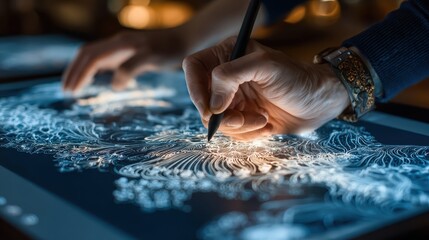 Close up of hand analyzing digital stock market data displayed on a touchscreen with a stylus for investment strategy