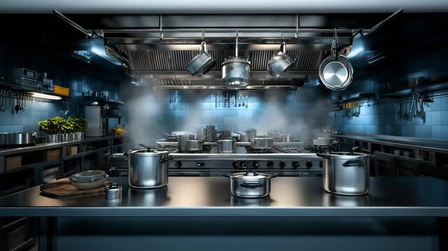 Modern kitchen with stainless steel cookware and steam rising, showcasing an active cooking environment