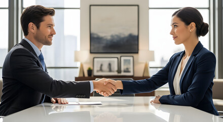 Business Agreement: A moment of agreement and trust is captured as two professionals seal a deal with a firm handshake, symbolizing successful negotiation and partnership. 