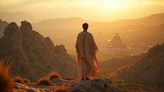 Man in robe stands atop rocky hill overlooking ancient settlement. Golden light bathes landscape. Figure gazes toward distant town, evokes spirituality, reflection. Biblical scene conveys hope faith
