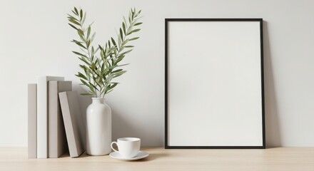 Blank frame mockup with books and plant for home decor and branding display