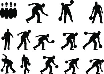 Bowling silhouettes vector set, including a bowler in various action poses and pins. Isolated collection of a player and equipment.