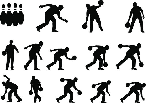 Bowling silhouettes vector set, including a bowler in various action poses and pins. Isolated collection of a player and equipment.