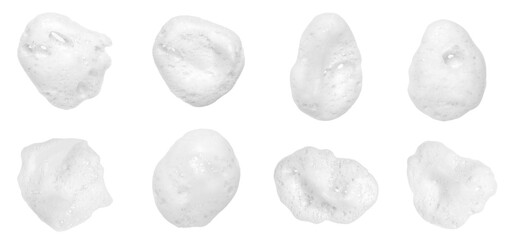Foam soap bubbles isolated on white background, showcasing clean texture and fresh hygiene concept for skincare, cleaning products, cosmetics, and advertising design.