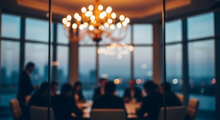 Professional Meeting in a Modern Boardroom with Chandelier and City View