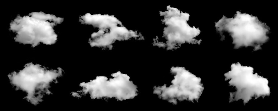 Realistic isolated white cloud shapes on black background, perfect for sky composites, weather design, digital art, atmospheric effects, photo editing, and creative graphic overlays.