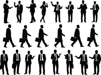 Large collection of business people silhouettes. Includes men in suits and a businesswoman walking, standing, and gesturing. Isolated vector set.