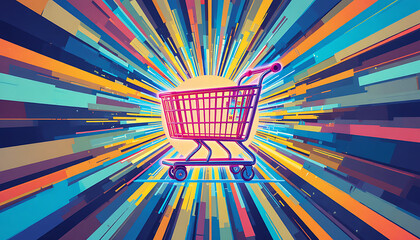 Vibrant E-commerce Shopping Cart with Dynamic Radial Burst Background