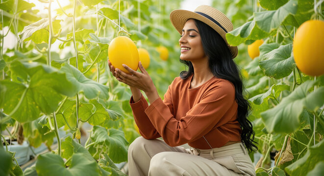 A young Indian woman in a hat and rust-colored top inspects a ripe yellow melon while kneeling in a lush greenhouse.