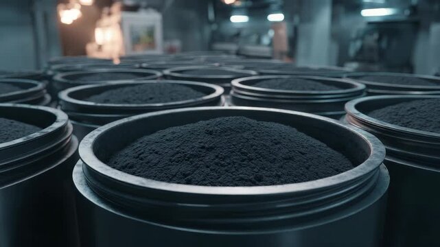 Industrial warehouse with metal drums filled with black powder material