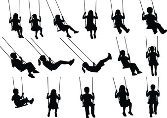 Children on swings silhouettes vector set. Isolated black figures of boys and girls playing on a playground swing set.
