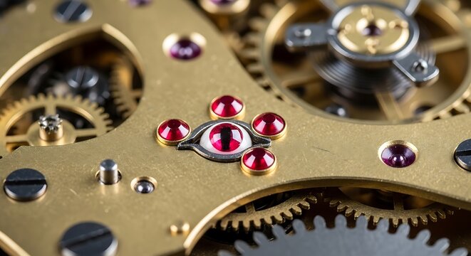 Intricate close up of antique pocket watch movement with ruby jewels and brass gears - Powered by Adobe