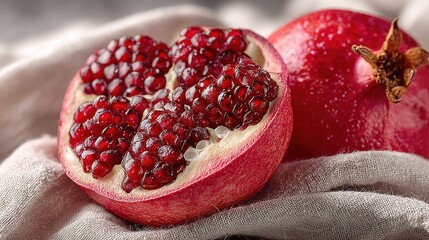 Close-up of ruby red Pomegranate fruit, one cut in half revealing the juicy arils, resting on a textured grey linen cloth
