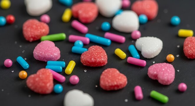 A vibrant assortment of colorful heart shaped candies and sprinkles scattered across a dark surface - Powered by Adobe