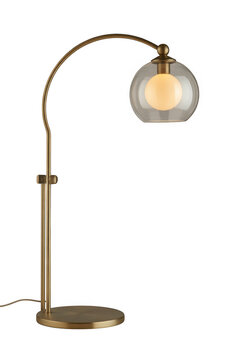 Modern brass arc lamp with clear globe isolated on a transparent background