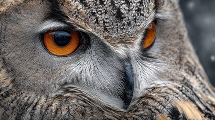 Close up of a Eurasian eagle-owl features striking orange eyes and detailed feather patterns, showcasing its intensity and wild beauty