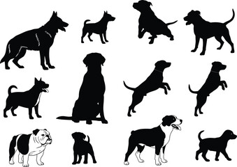 Set of dog silhouettes and illustrations, collection of pets, German Shepherd, Bulldog, various poses, vector icons, isolated on white.