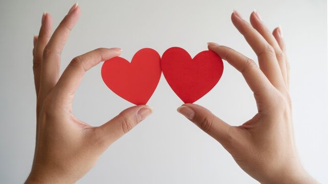 Two red paper hearts held in hands isolated on white background - Powered by Adobe