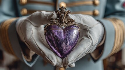 Person in uniform holds ornate antique heart pendant with white gloved hands