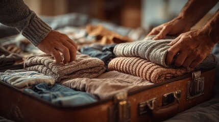 People preparing luggage with warm clothes ready for a trip during the winter season
